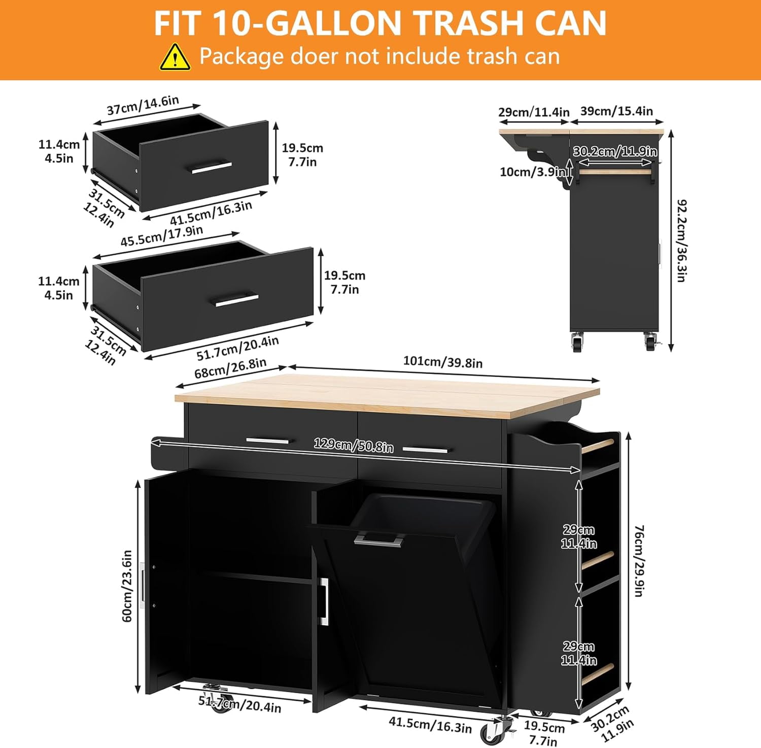 Frmobepts Rolling Kitchen Island with Drop Leaf, Tilt Out Kitchen Trash Cabinet 10 Gallon Storage, Kitchen Cart Island with Rubber wood Top, Spice Rack and Drawers,Black