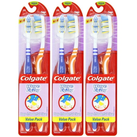 (3 Pack) Colgate Wave ZigZag Toothbrush, Medium - 2 Count