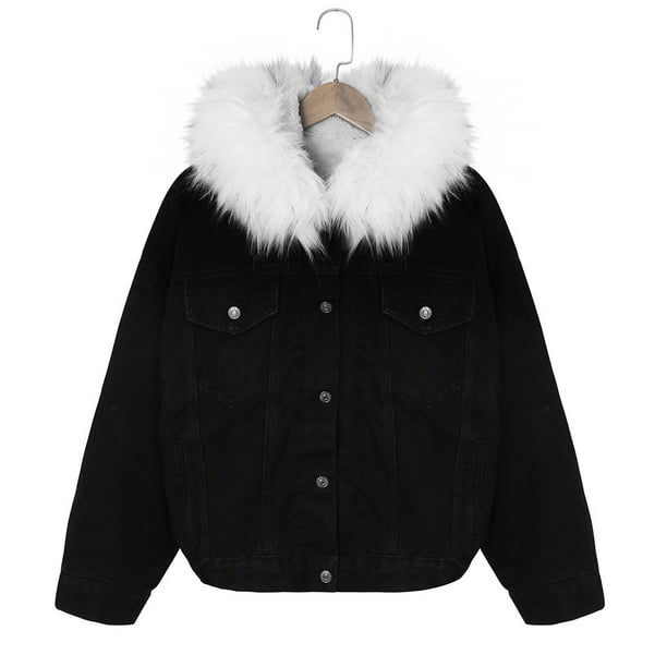 jovati Black Denim Jacket for Women Women Warm Short Coat Collar