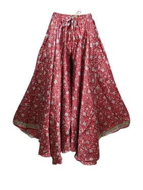 Mogul LOVELY Divided Skirt with Wide Legs Maroon Floral Print Flared Skirts