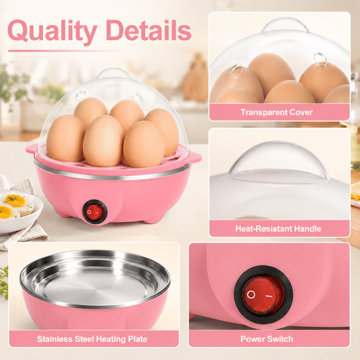Rapid Egg Cooker Electric for Hard Boiled,Poached,Scrambled Eggs,Omelets,Steamed Vegetables,Seafood,Dumplings,7 capacity,with Auto Shut Off Feature,Pink