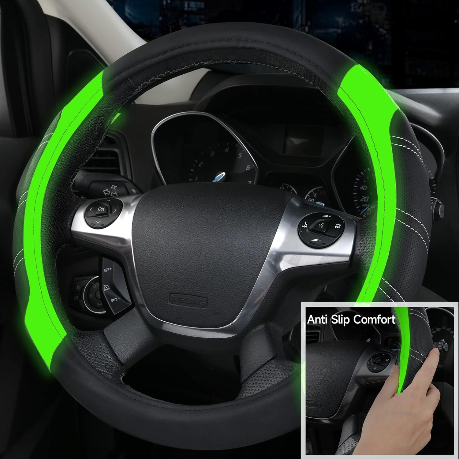 CAR GRAND Leather Steering Wheel Cover and Waterproof Car Floor Mats,Microfiber Universal Car Combo Fit for Sedan,SUV,Cars,14.5-15inch Sporty Anti-Slip Comfortable Design(Black＆Fluorescence Green)