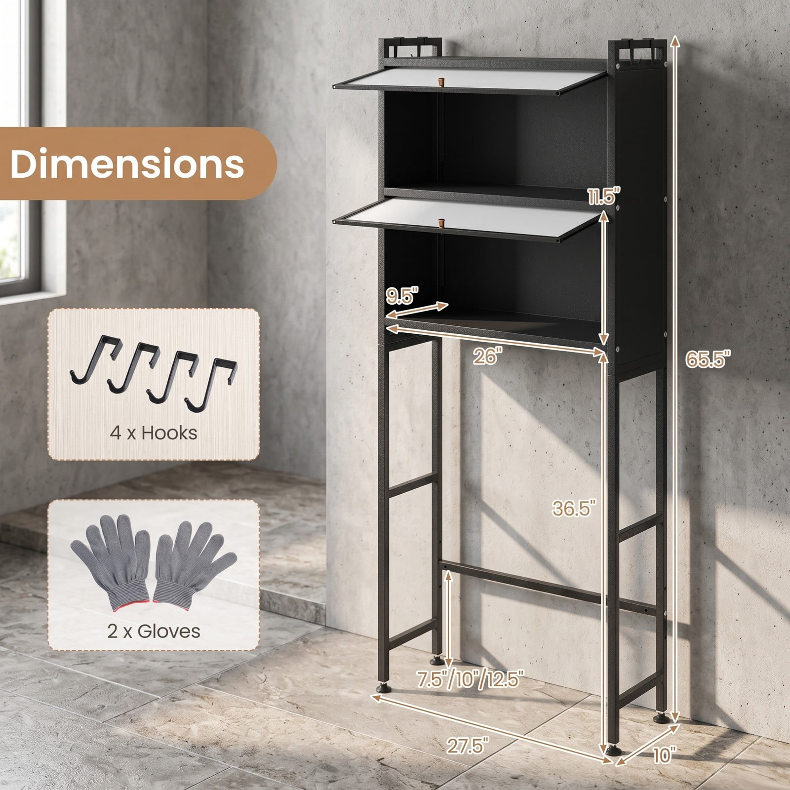 ALPULON Over the Toilet Cabinet Bathroom Organizer with 2 Flip-Up Fluted Door Cabinets and 4 Side Hooks for Storage, Black