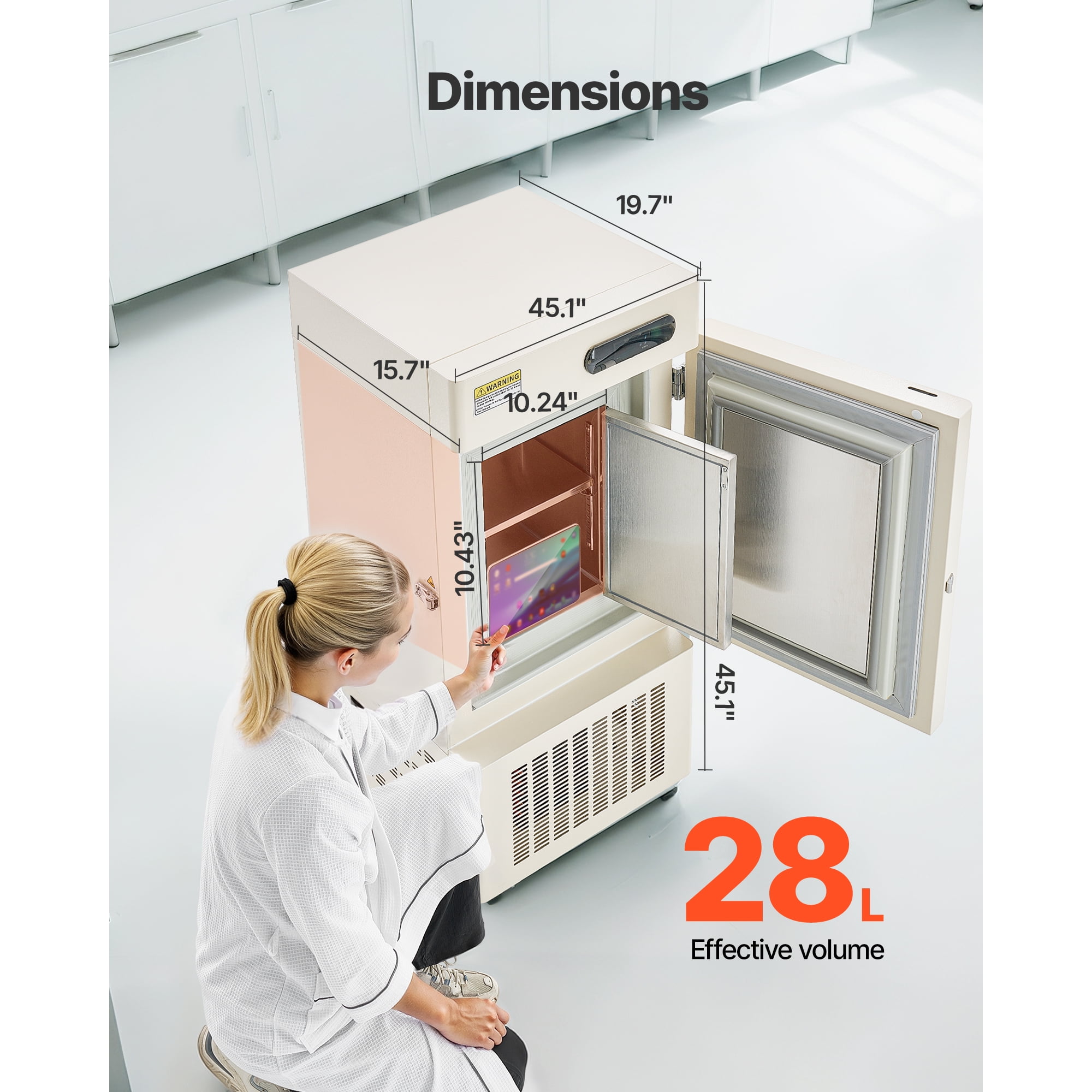 KFFKFF Ultra Low Temperature Freezer, 28 L, Adjustable −40℉ to −123℉ Range, with Rollers and Digital Display, 304 Stainless Steel Interior, Low Temp Freezer for Laboratory Sample Storage