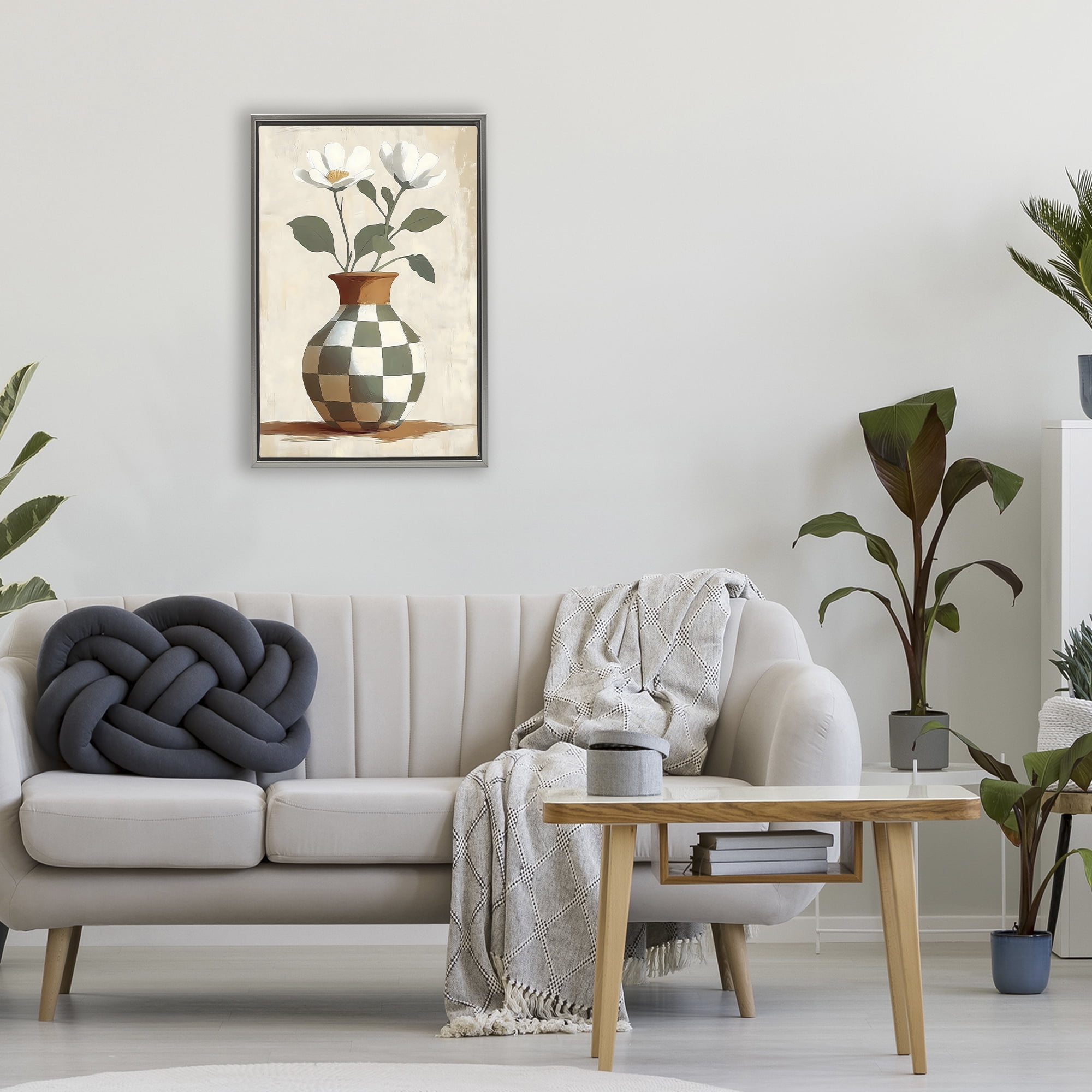 Stupell Industries Checkboard Green Flower Vase Gray Framed Floater Canvas Wall Art, design by Creative Studio