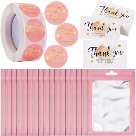 620Pcs Thank You Cards and Stickers Set,Include 500Gold Foil Thank You For Supporting My Small Business Stickers 1inch,100 Thank You Business Card,20 Resealable Packaging Bag