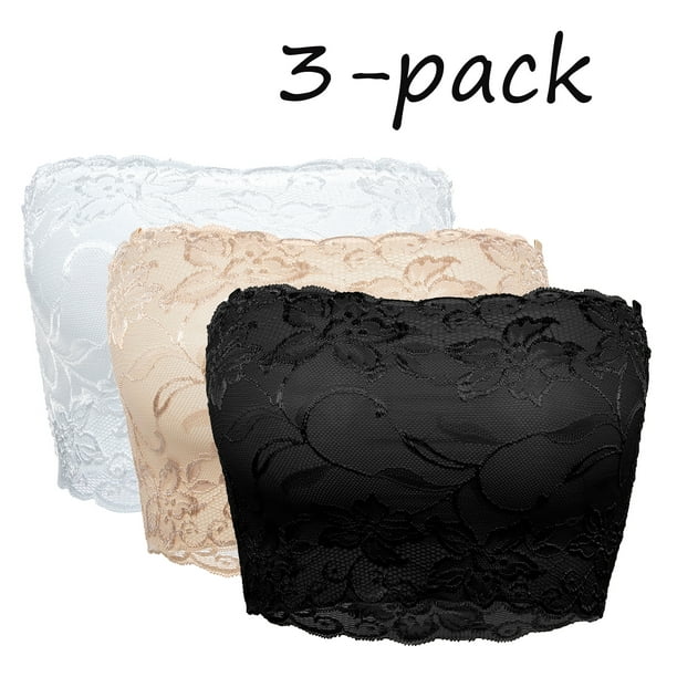 3pcs Women's Lace Bandeau Full Floral Lace Tube Bra Top Strapless Seamless  Stretchy Bandeau, Lace Chest Wrap Non-Padded Bandeau Black, White, Apricot  