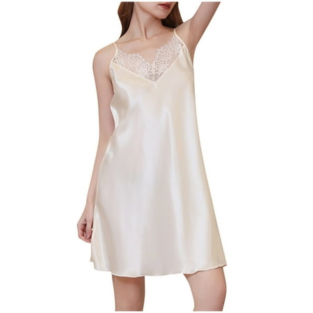 BRGZLK Sleepwear Sexy Lingerie Nightgown Lace Chemise Satin Slip Silk Negligee Nightie Bridal Babydoll for Women White XL