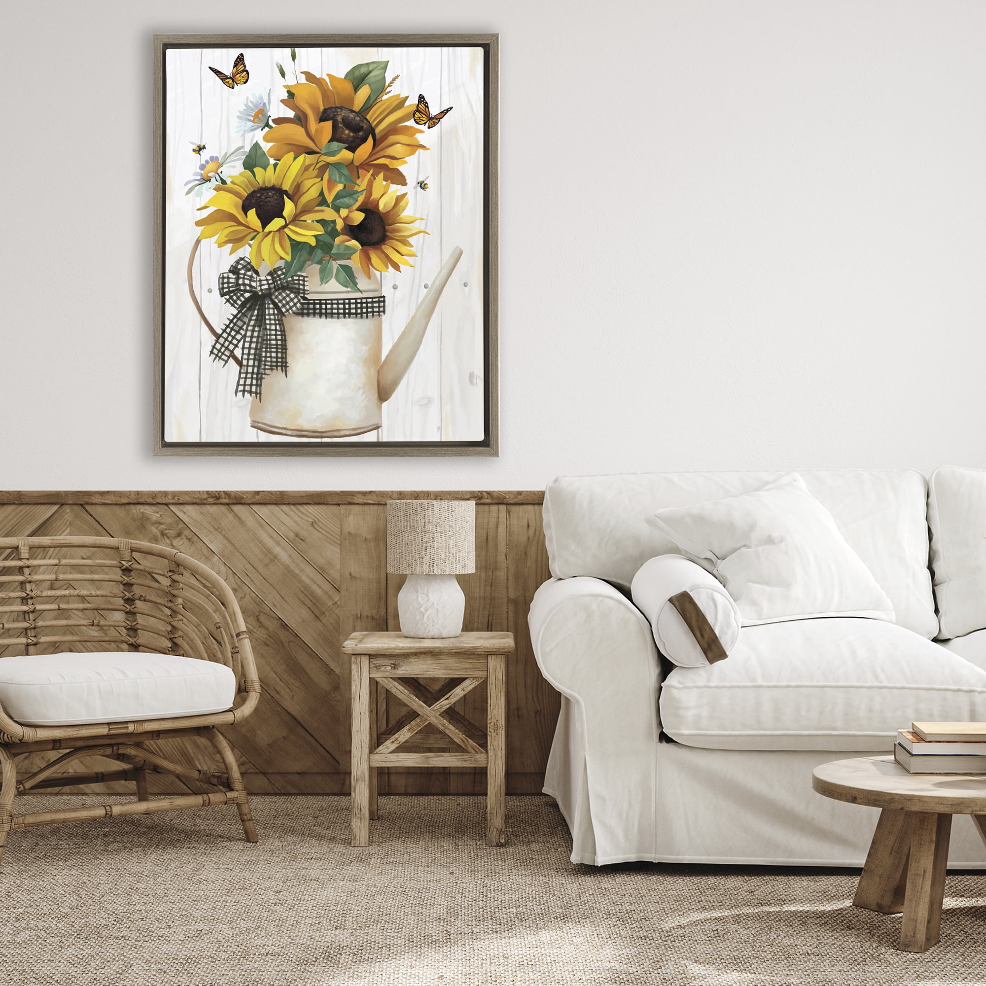Stupell Industries Sunflower Trio in Watering Can Brown Framed Floater Canvas Wall Art, design by Lucca Sheppard