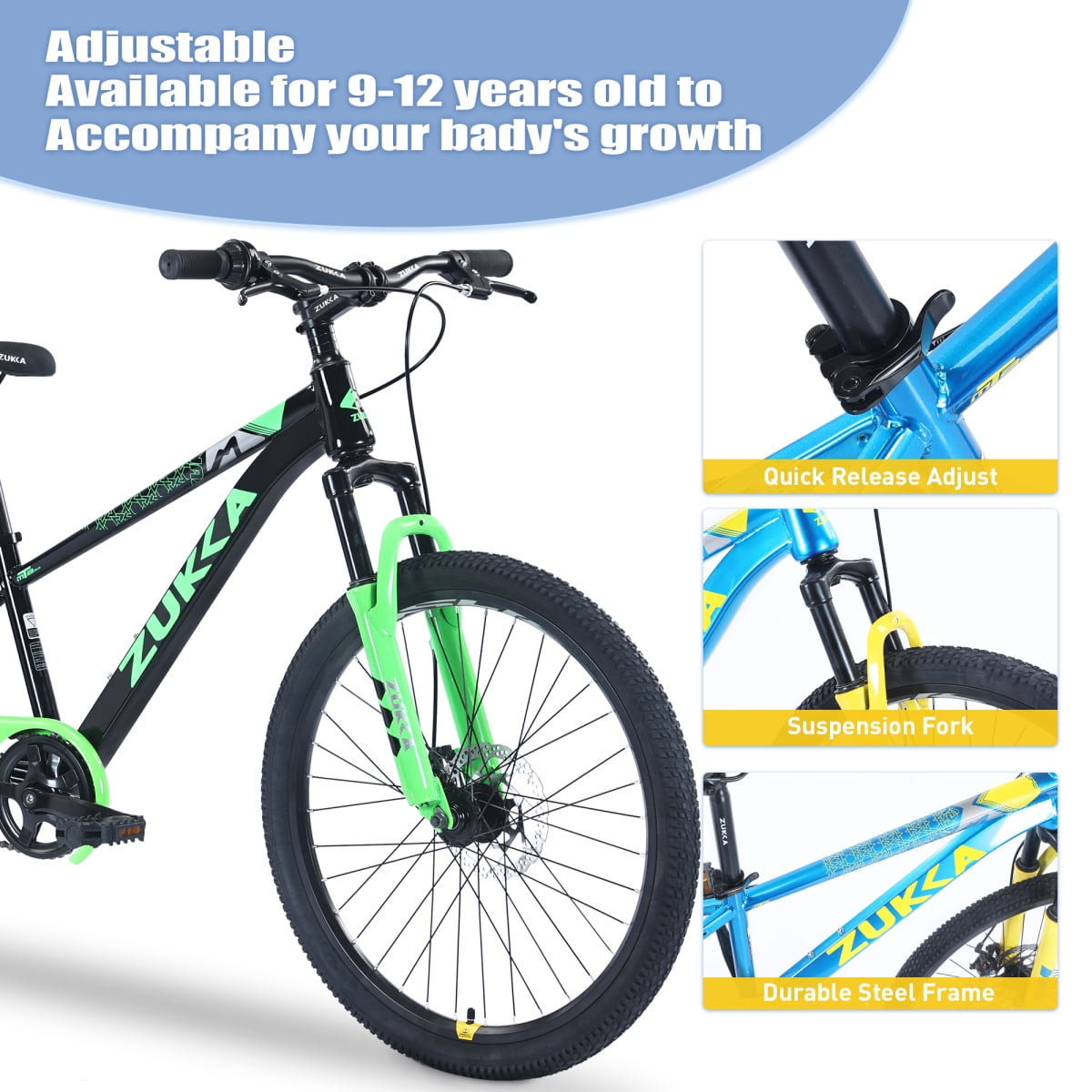 LuckyNote Mountain Bike 24 Inch MTB, Steel Frame, Single Speed, Double Disc Brake, Blackish Green