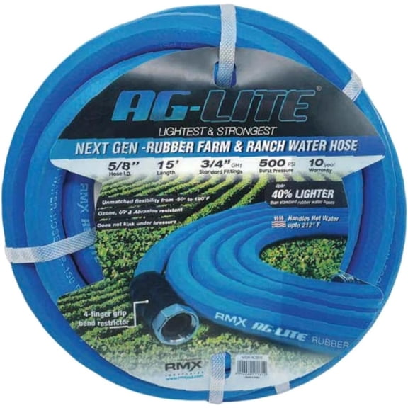 AG-Lite 5/8" x 15 ft Irrigation Hose, 100% Rubber, 500 PSI, Agriculture Grade, Lightweight & Flexible, 3/4" GHT Brass Fittings, Hot & Cold Water Use, Kink Resistant, 10-Year Warranty