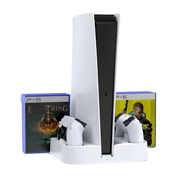 Cooling Base for PS5 Console Disc and Digital Edition, Game Controller Dual Charging Base, Game Cartridge Storage Bracket-White