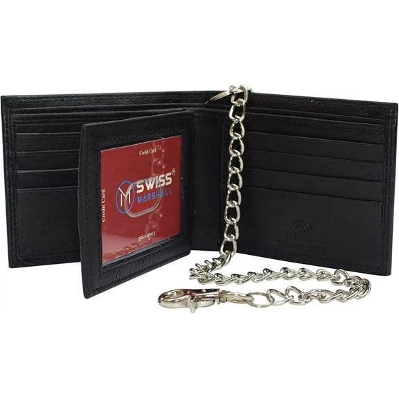 Swiss Marshall Men's RFID Blocking Premium Leather Bifold Multi-Card Compact Center Flip Wallet Black with Chain