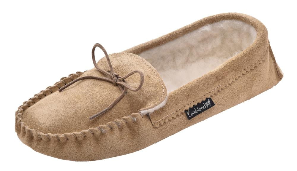 Lambland Childrens Kids Beige Real Suede Wool Lined Moccasin Slippers Soft Sole 