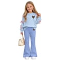 thumbnail image 6 of Spazoro Girls Outfit Sets with Bow Decor, Crewneck Flared Leg Heart Print Long Sleeve Elastic Waist Trendy Matching Sweatshirt and Pants 2PC Outfits Blue Size 5-6, 6 of 6