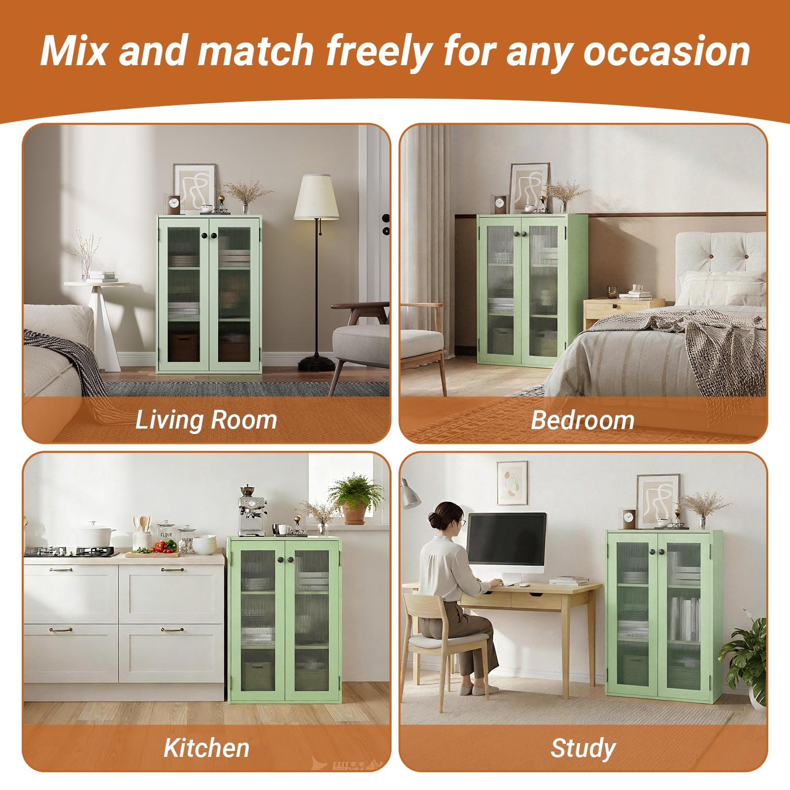 KZElegy Storage Cabinet 6 Cube Shelf with Glass Door ,Wall Mount or Freestangd Cabinet With Doors,11" Cube,Green