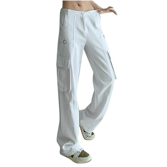Women Low Rise Straight Wide Leg Cargo Pants Retro Pockets Trousers Street Wear for 90s Girls Sweatpants