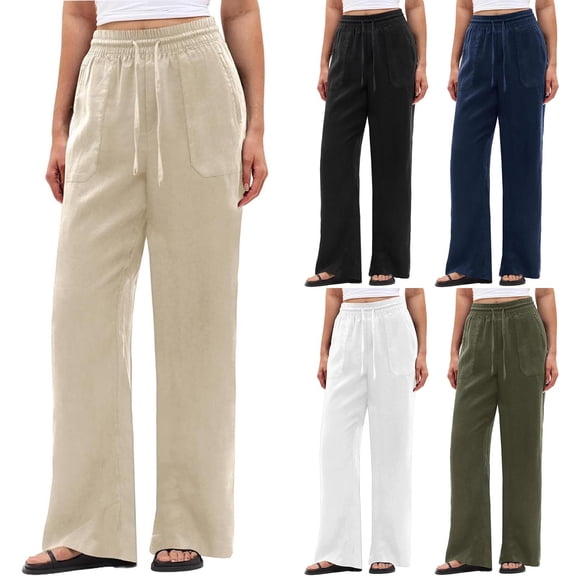 Women's Cotton Linen Drawstring Pants with Pockets, Elastic Mid Waisted Loose Fit Pants for Women, Soft Relaxed Casual Breathable Capris, Lounge Wear, Beach Summer, Cropped