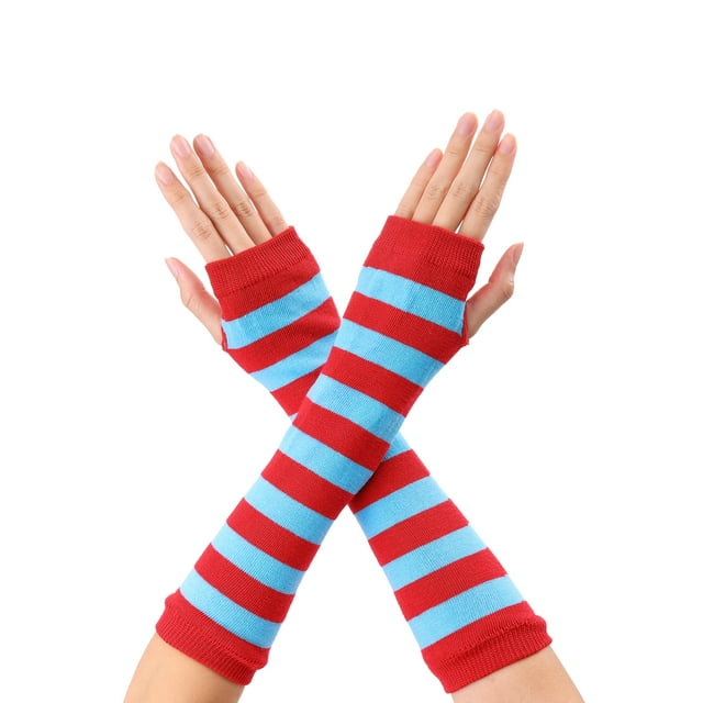 Unique Bargains Paire de Gants pour Femmes à Rayures en Tricot Sans Doigts Longueur Coude Bleu Rouge