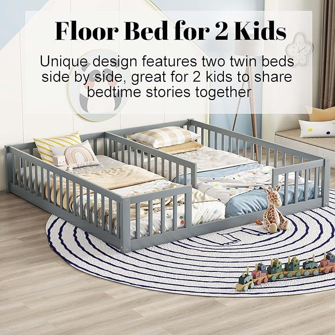 Kumix Double Floor Bed with Fence Guardrails, Wood Double Twin Floor Beds for Boys and Girls, Twins, Floor Bed for 1-3, Two Shared Beds, Adults Floor Bed, Easy Assembly, Gray