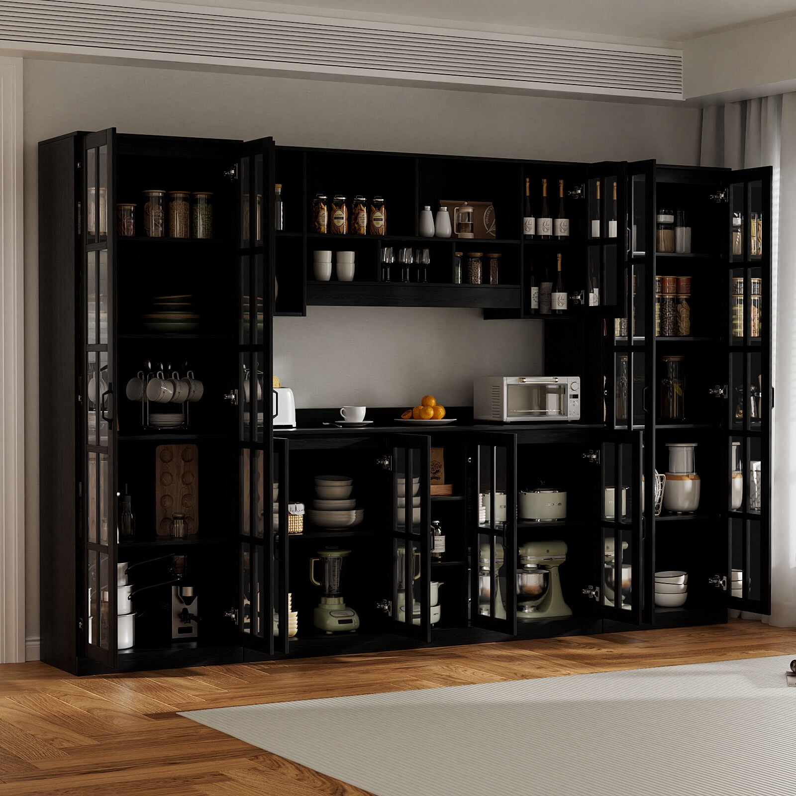 RichYa 71"H Tall Pantry Cabinet,Storage Cabinet with 2 Glass Doors and Shelves,5 Tier Display Cabinets for Living Room,Dining Room,Black(A)