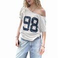 thumbnail image 3 of Women'S Oversized Off Shoulder Shirt Crewneck Number Graphic T Shirt Y2k Summer Going Out Tops White Round Neck M, 3 of 8