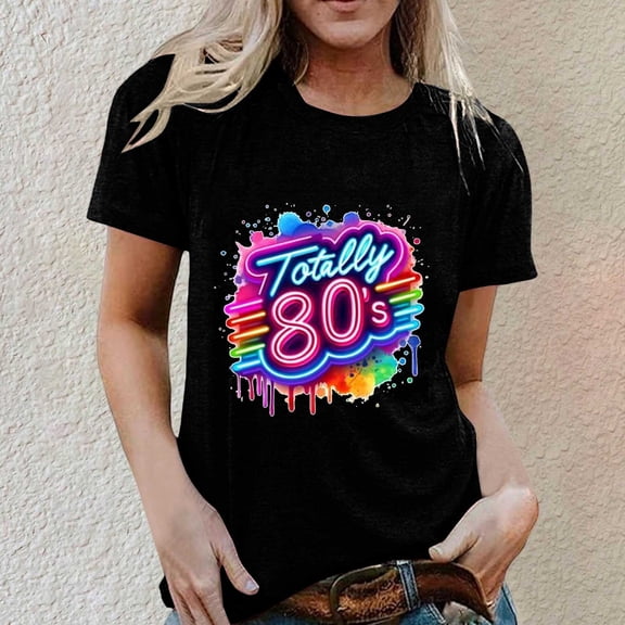 Trendfront Womens Retro 80s Letter Graphic Tops Crewneck Casual Loose Fit Short Sleeve Tee Trendy Fashion T-Shirts Pullover Daily Wear