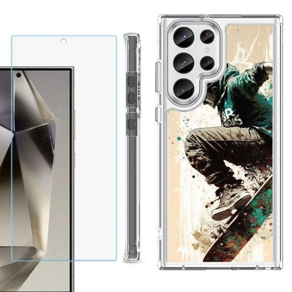 OneToughShield ® Case Compatible with Samsung Galaxy S24 Ultra, Shockproof Bumper Phone Case, with Tempered Glass Screen Protector - Skateboarding