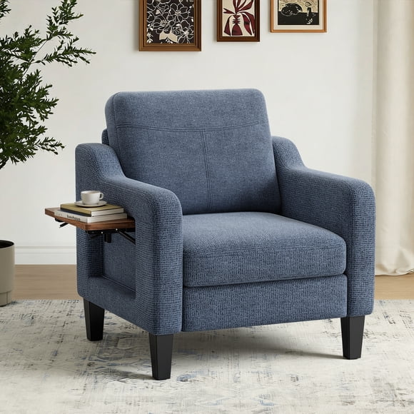 MALOL Fauteuil d'Appoint Moderne avec Table Pliable, 2 Poches Latérales, Fauteuil Rembourré pour Salon en Bois et Tissu, Causeuse une Place pour Chambre/bureau/salle de Réception, Bleu Foncé