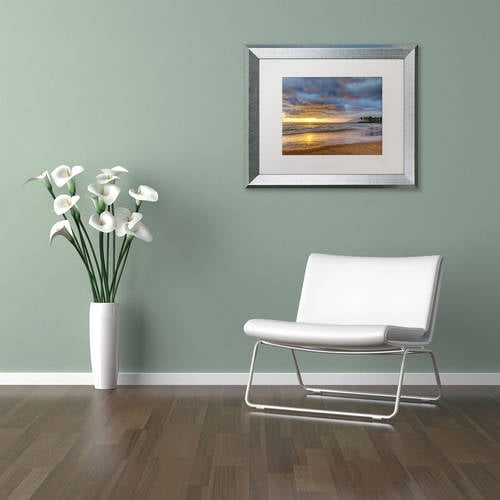 Trademark Fine Art 'Secret Beach Sunset' Canvas Art by Pierre Leclerc, White Matte, Silver Frame
