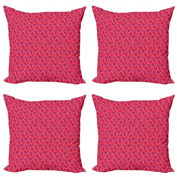 Abstract Throw Pillow Cushion Case Pack of 4, Retro Circular Composition in Warm Tones Ornamental Vintage Sixties Design, Modern Accent Double-Sided Print, 4 Sizes, Coral and Purple, by Ambesonne
