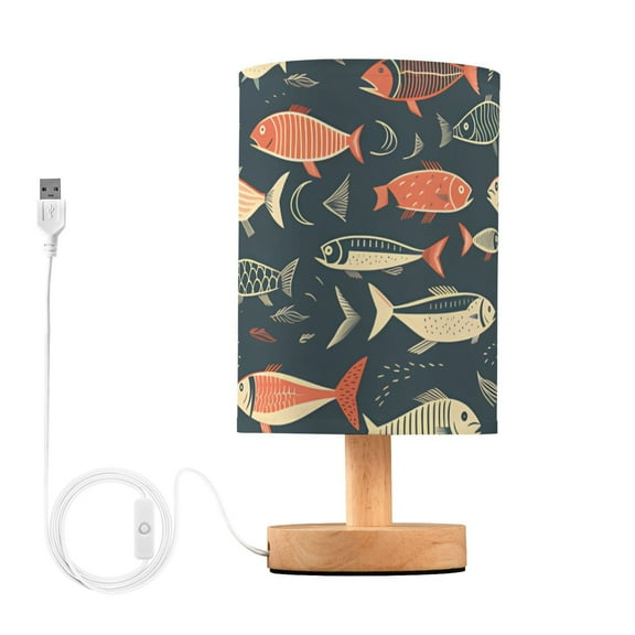 Fish Cartoon Table Lamp USB Bedside Desk Nightstand Lamp Printed Gifts Small Lamp Wood Base for Bedroom Living Room Kids Room College Dorm