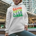 thumbnail image 2 of Good Times & Tan Lines, Summer or Beach Themed, Groovy Retro Wavy Text Merch Gift, White Hooded Sweatshirt or Hoodie, Small, 2 of 5