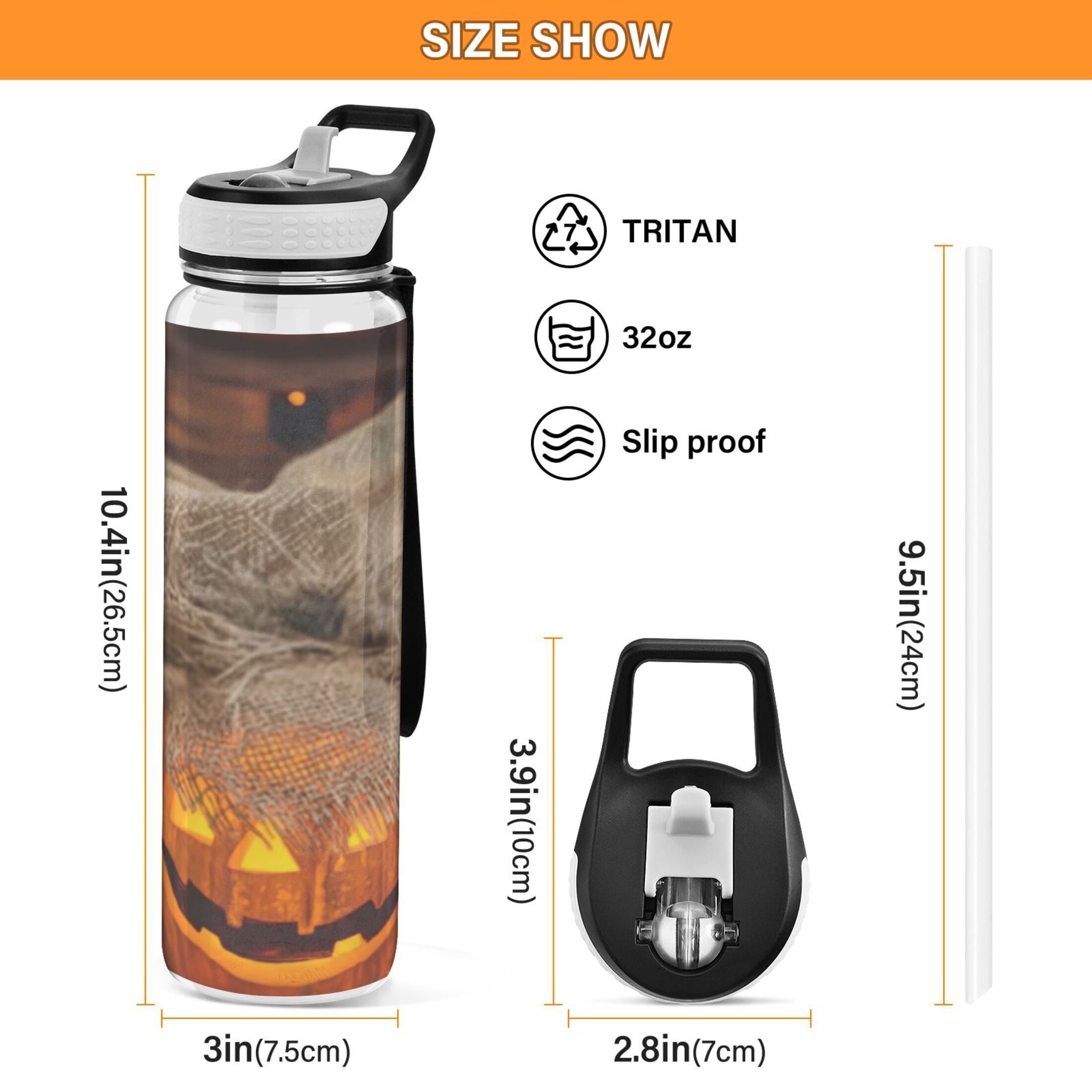 32oz Transparent Sports Water Bottle with Straw for Kids Adults Outdoor School Gym Fitness Pumpkin-shaped Glass Jar