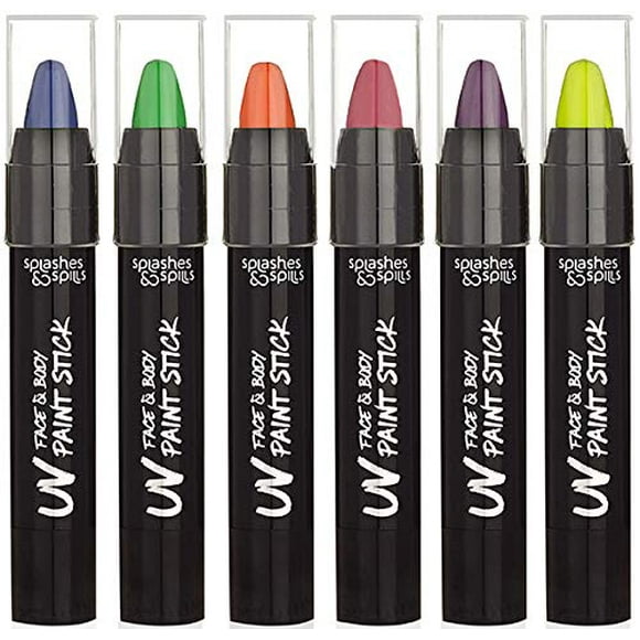 UV Face and Body Paint Sticks - Costume, Halloween and Club Makeup - Safe for all Skin Types - Easy On and Off - by Splashes & Spills (6 Pack)