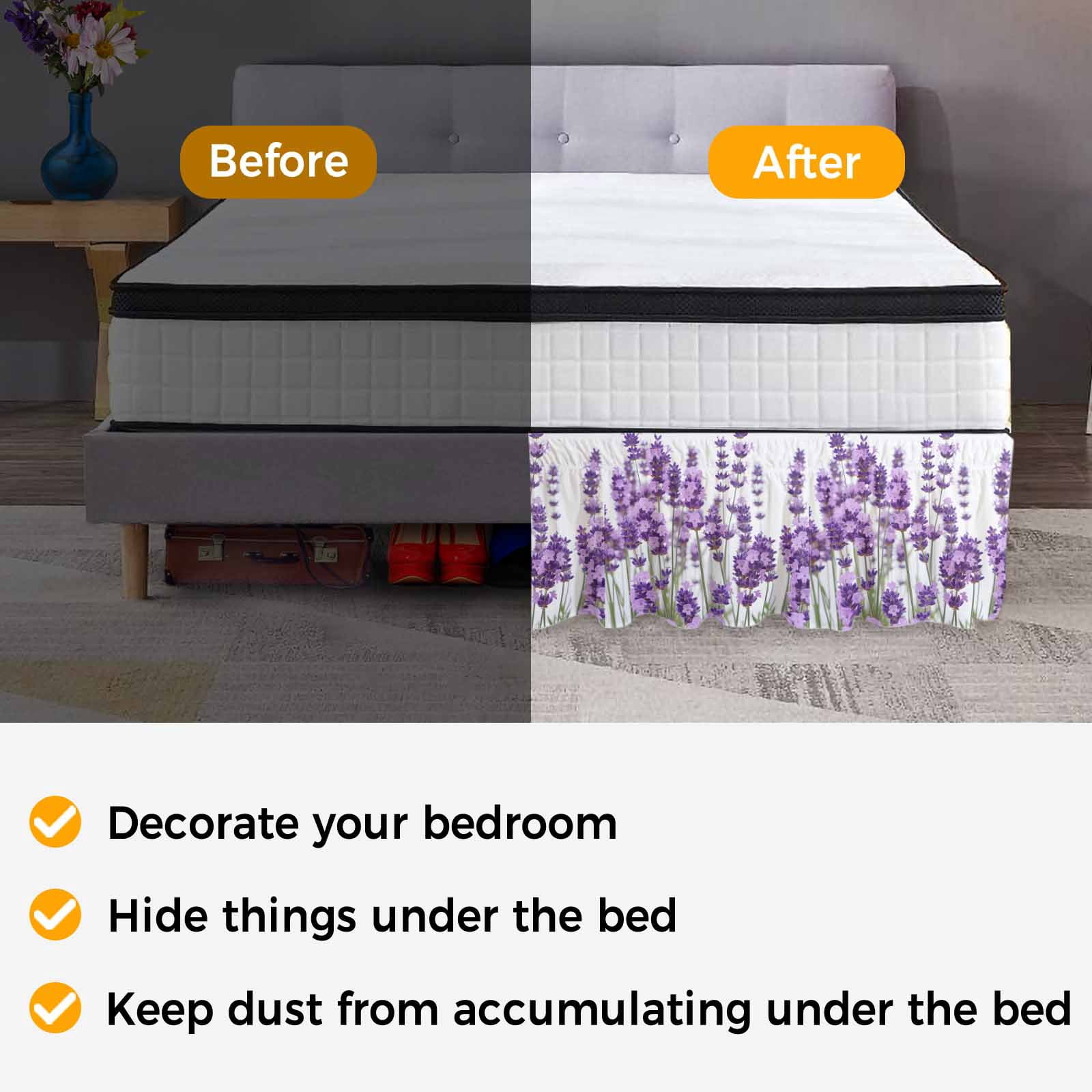 Bed Skirt Lavender Adjustable Elastic Wrap-Around Dust Ruffle with Purple Floral Leaves Plant White Background 18 Inch Drop, Bed Frame Cover for Queen Size Bed