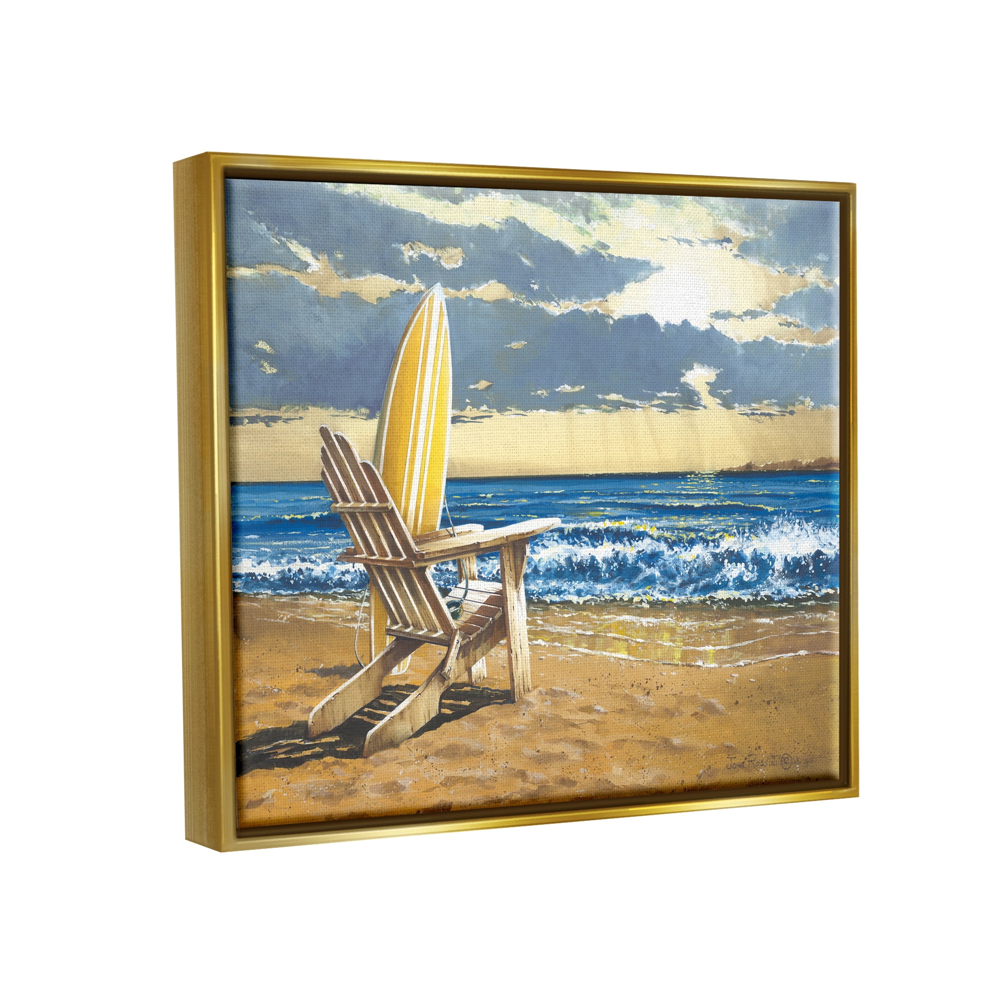 Stupell Industries Surfboard & Beach Waves Nature Painting Gold Floater Framed Art Print Wall Art, 31 x 25