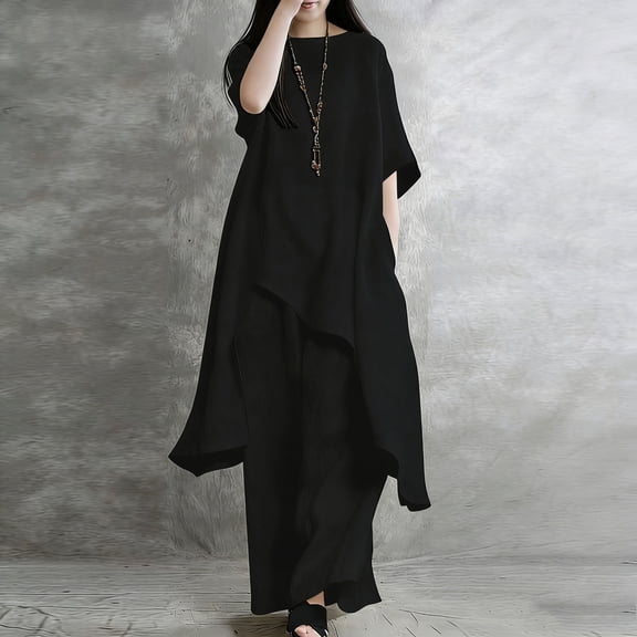 2 Piece Cotton Set for Women Long Sleeve Irregular Pullover Linen Shirt Fall Casual Wide Leg Pants Suit