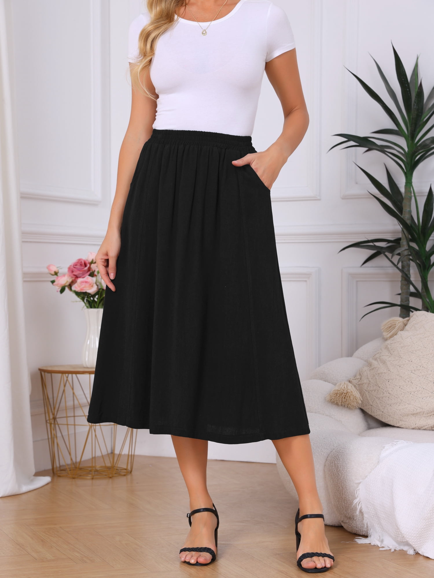 DARING DIVA Women's Flowy High Waist A-Line Midi with Pockets Skirt Medium Black