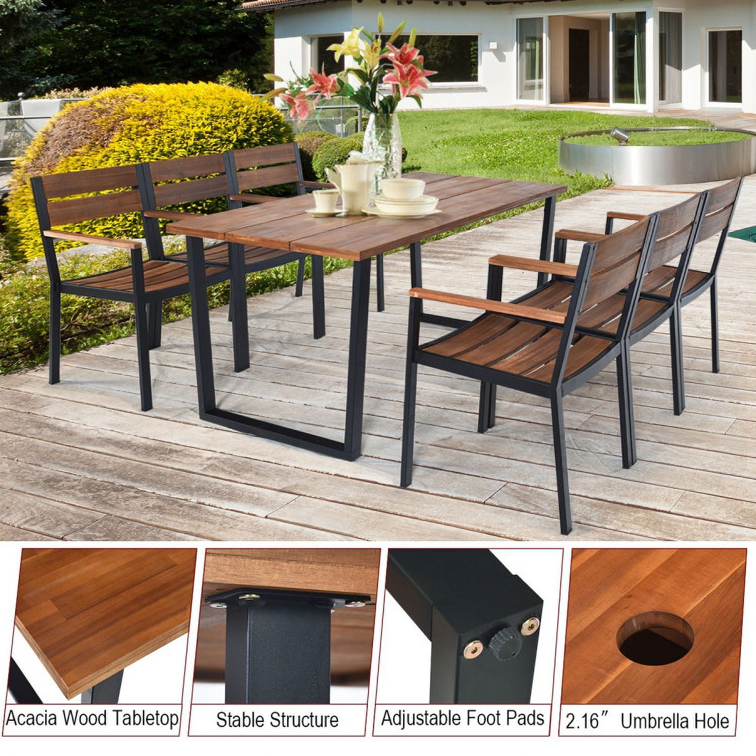 Aimee Lii 7 Pieces Patented Outdoor Patio Dining Table Set with Hole, Outdoor Patio Furniture, Blue