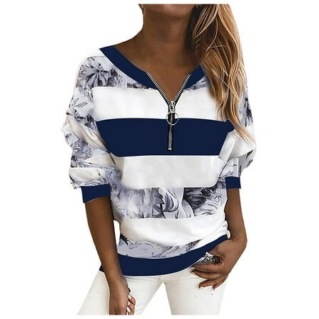 

Women Striped Floral Print Stitching Zip Long Sleeve Blouse Pullover Plus Size Loose Fit Sweatshirt Pullover