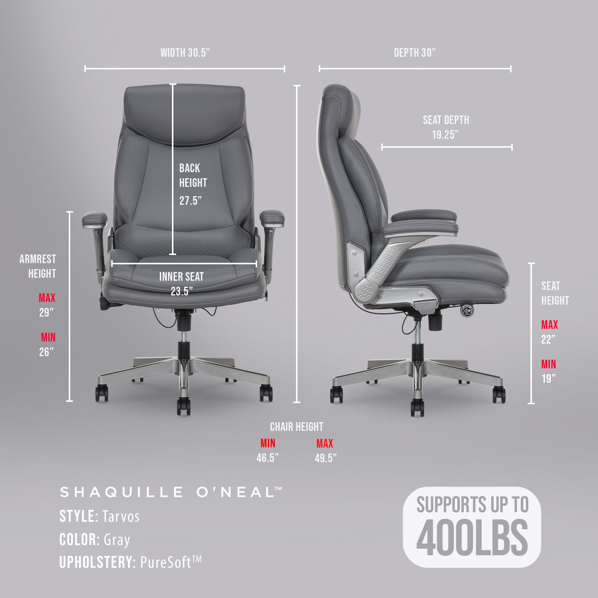 Shaq Tarvos Premium Ergonomic Big & Tall Office Chair, PureSoft Upholstery with Height Adjustable and Flip-Up Arms, Gray