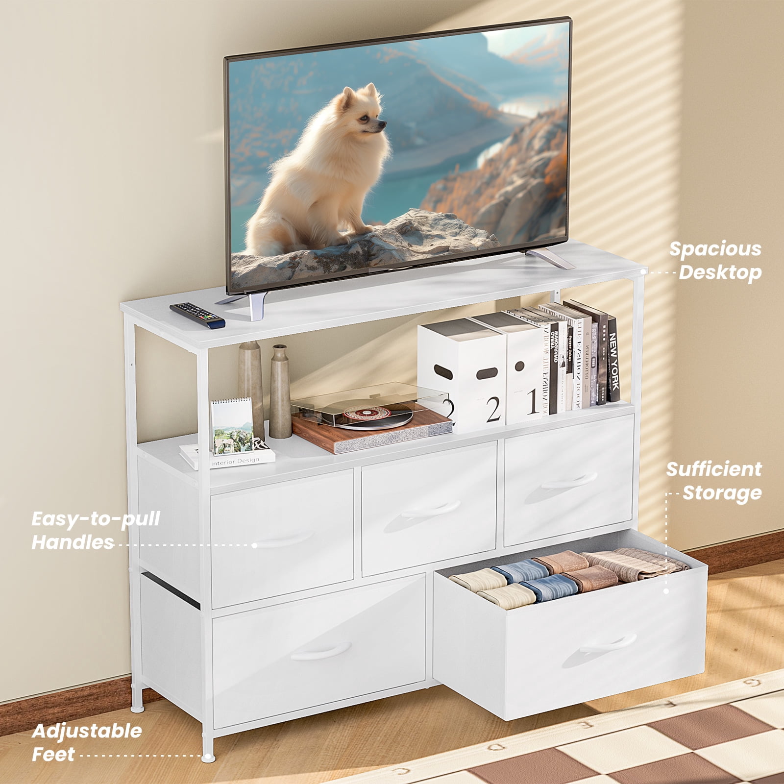 Tall Dresser Fabric Storage Tower with Wooden Top for Closet, White