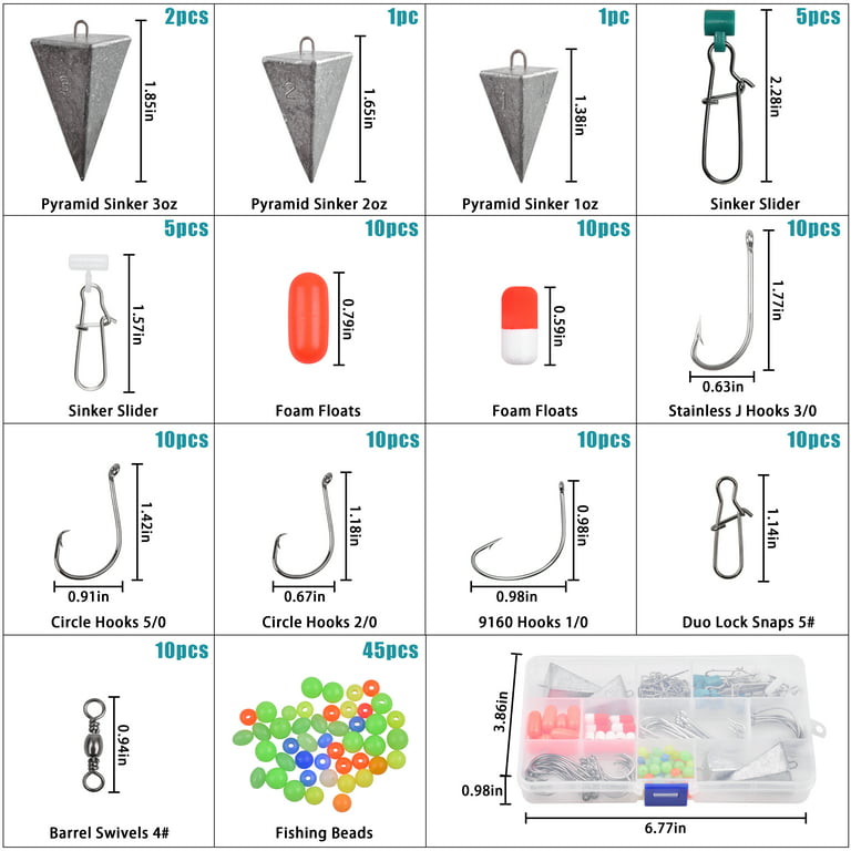 Surf Fishing Rigs Saltwater Making Kit, 139pcs Terminal Tackle Assortment  Included Sinkers Sliders Hooks Swivels Floats Beads for Fish Finder Surf