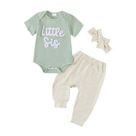 

Baby Girl Little Sister Romper Lil Sis Short Sleeve T-shirt Bobysuit Pants Headband 3pcs Summer Infant outfits