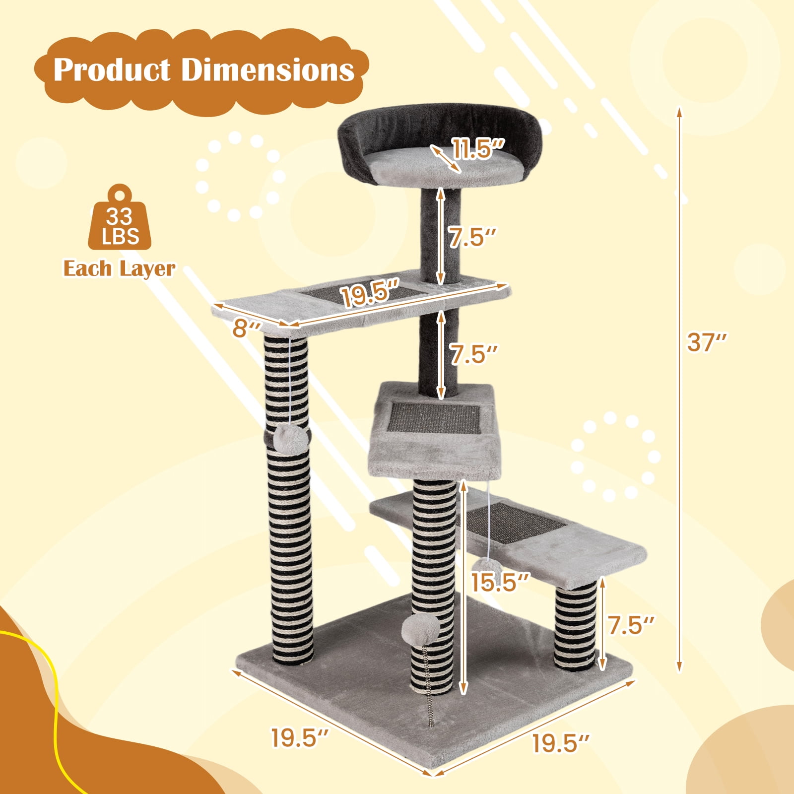 Gymax 2-in-1 Cat Tree Tower Pet Steps w/ Scratching Posts Hanging Toy Ball Perch
