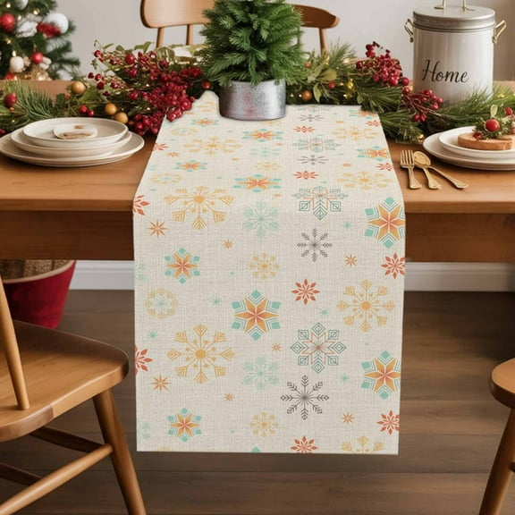 Burlap Table Runner 36 Inches Long,Vintage Christmas Snowflakes Non-Slip Kitchen Table Runners for Dining Room Everyday Use Party Table Decorations Geometric Pattern on Linen