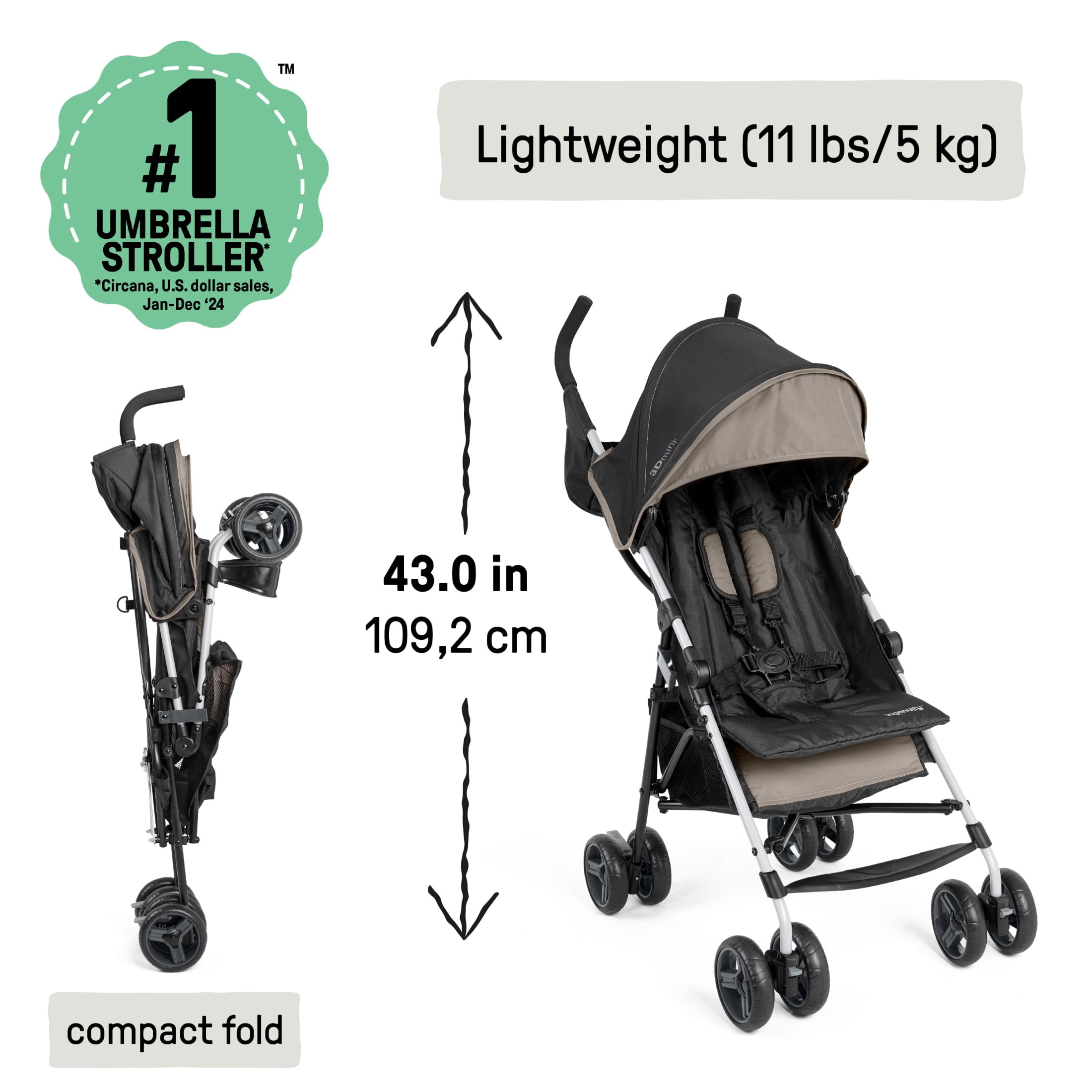 Ingenuity 3D Mini Convenience Stroller, Cashew Tan, Toddler