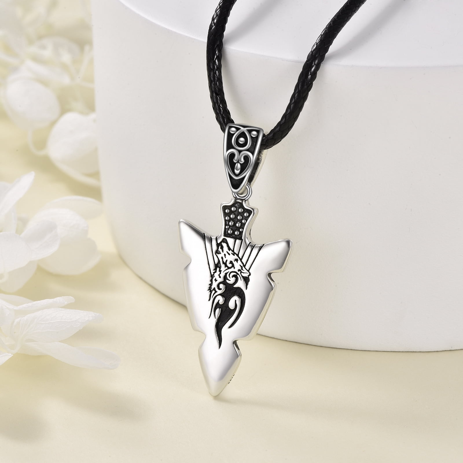 Arrowhead Necklace 925 Sterling Silver Wolf Viking Pendant Necklace Silver Spearpoint Leather Necklace Waterproof Cord Arrowhead Jewelry for Women Men