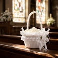 thumbnail image 4 of romoty Wedding Flower Girl Basket, 7.09x4.72x4.72 Inch Pearl Handle Lace Ruffle & Bowknot White Satin Petal Basket for Ceremony, 4 of 7